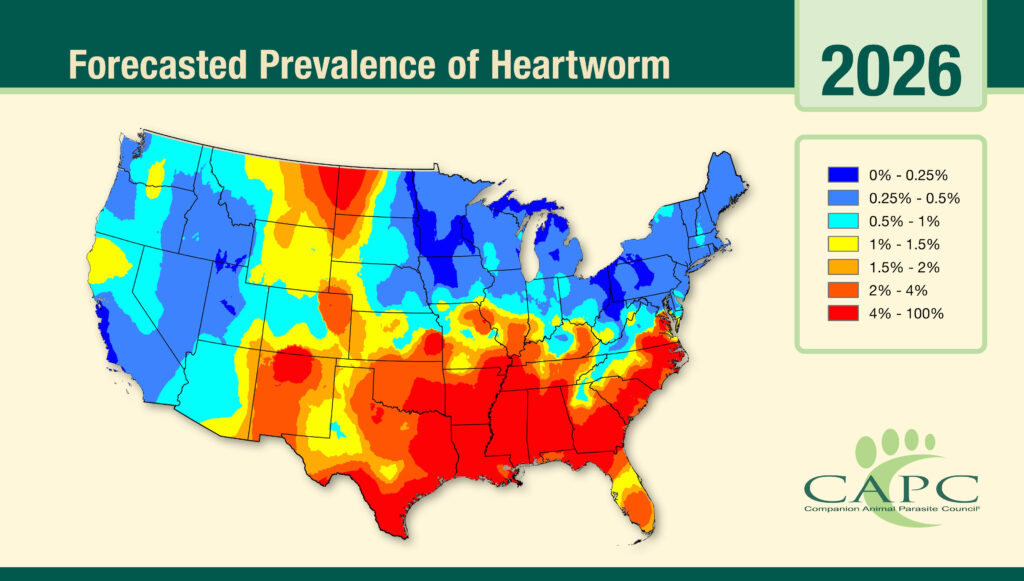 2026 Companion Animal Parasite Council forecast map illustrating heartworm prevention risk across the United States, with the highest projected prevalence concentrated in the Southeast, including Florida.