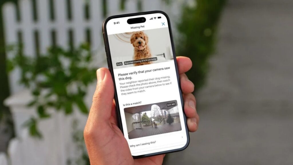 Amazon Ring lost dog search feature shown on a smartphone screen, displaying a missing dog alert and possible camera match in the Ring app.