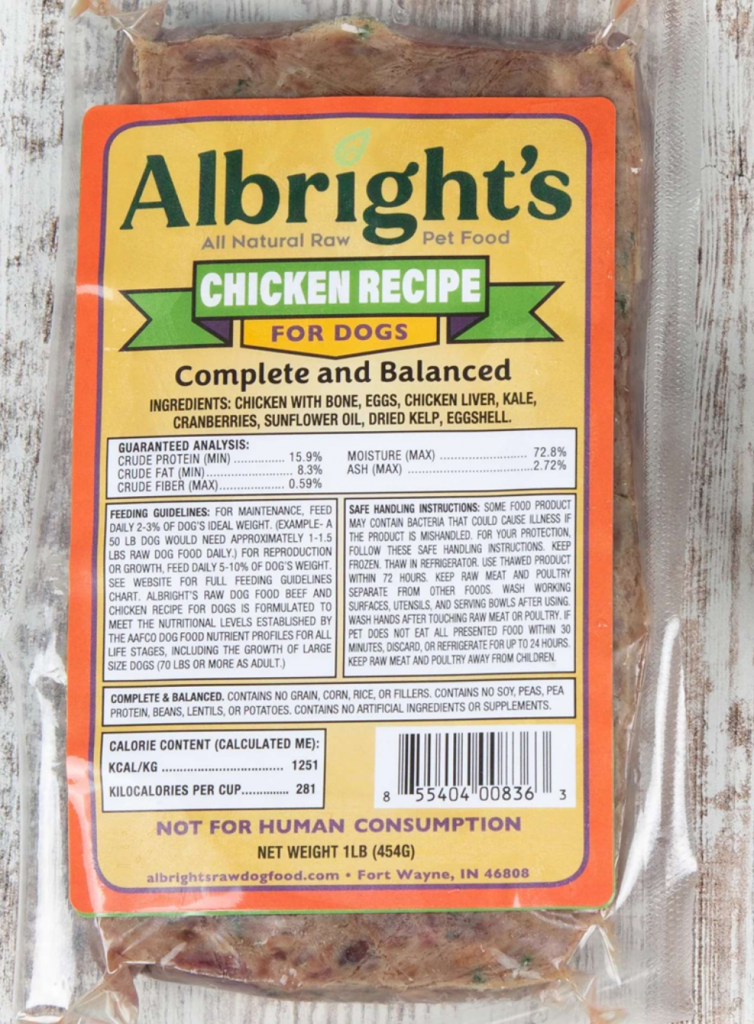 Dog food recall product image showing Albright’s Raw Pet Food Chicken Recipe for Dogs Complete and Balanced recalled over potential Salmonella contamination.
