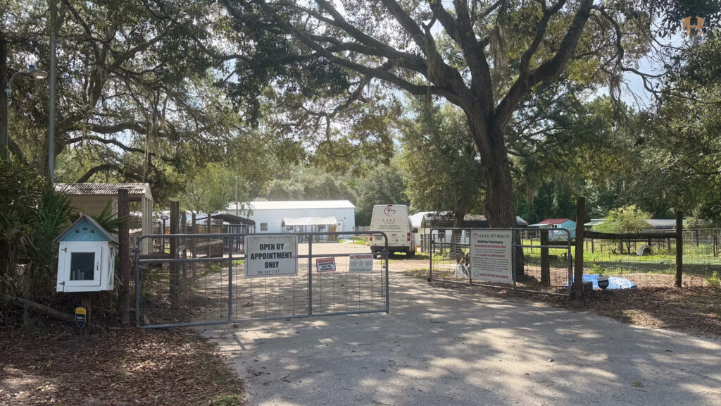 The entrance sign at S.A.F.E. Pet Rescue's sanctuary in Hollister, Florida.