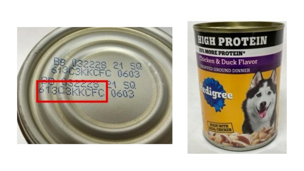 Pedigree canned dog food recall affected lot numbers shown on bottom of recalled can