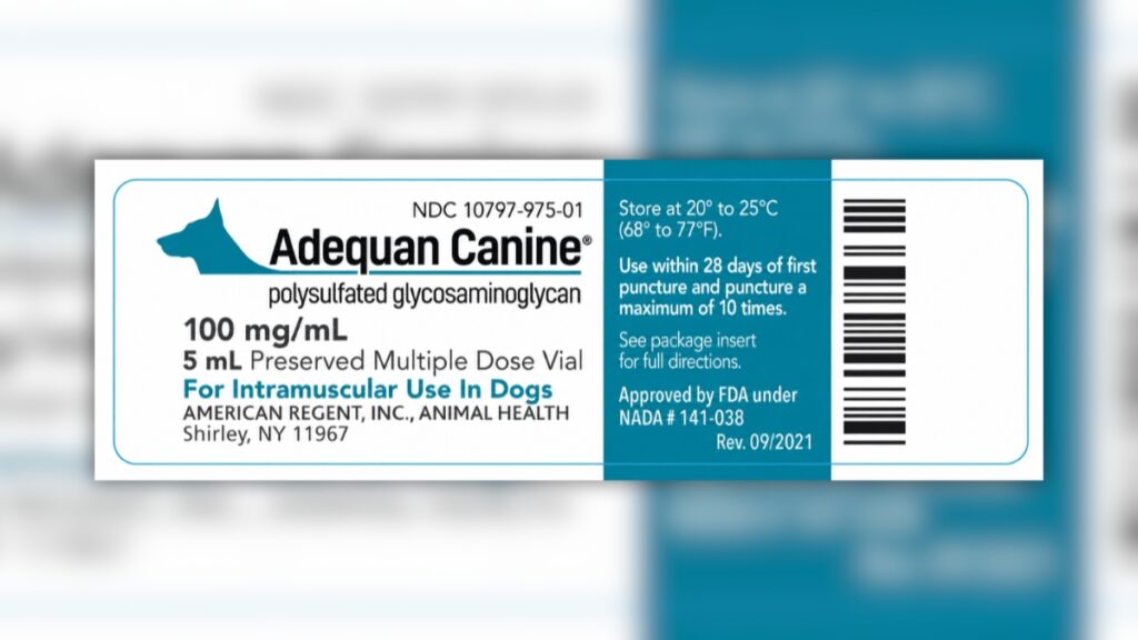 Adequan Canine recall label on a vial of the prescription arthritis medication for dogs.