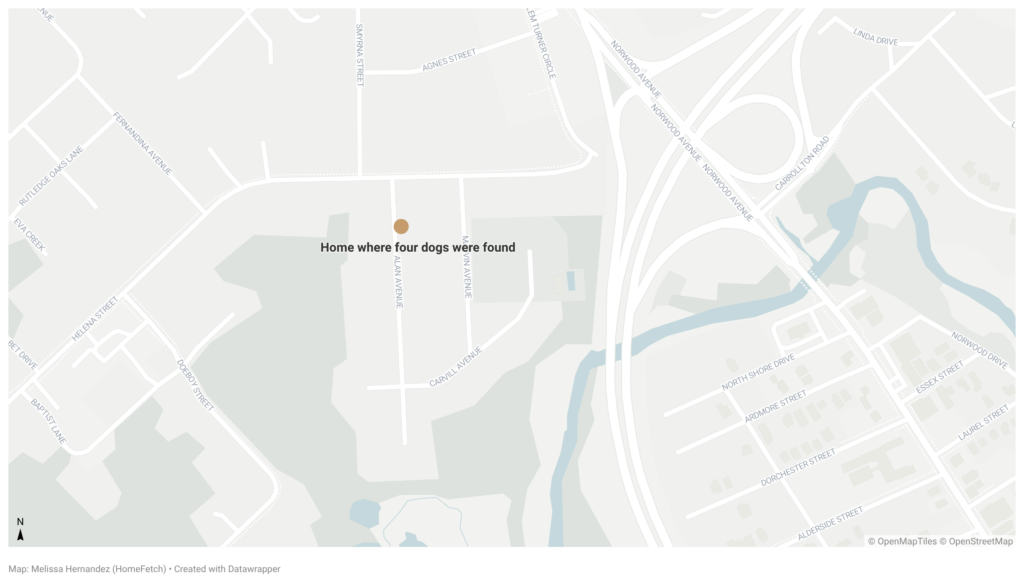 Map showing where four dogs abandoned in Jacksonville home were found by authorities on Aug. 5.